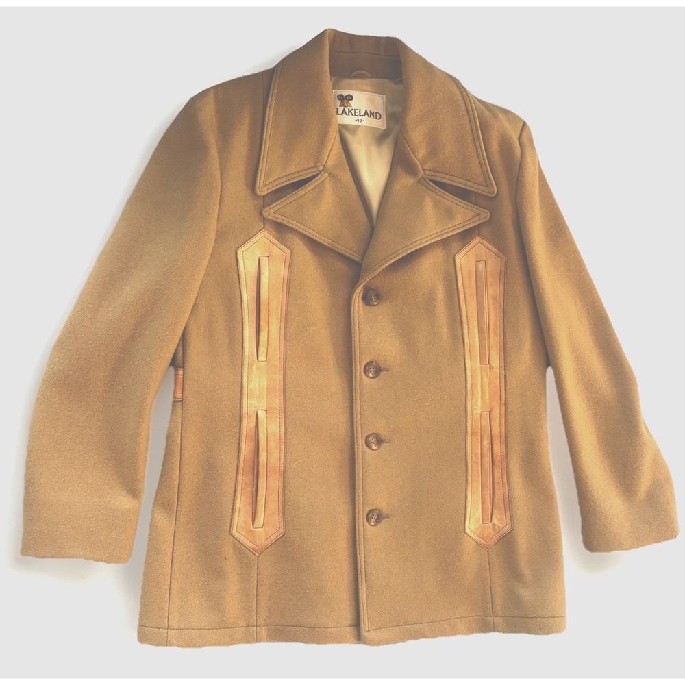 Vtg Lakeland Wool & Leather Jacket Men's Sz 42 Car Coat Laramie Camel Color